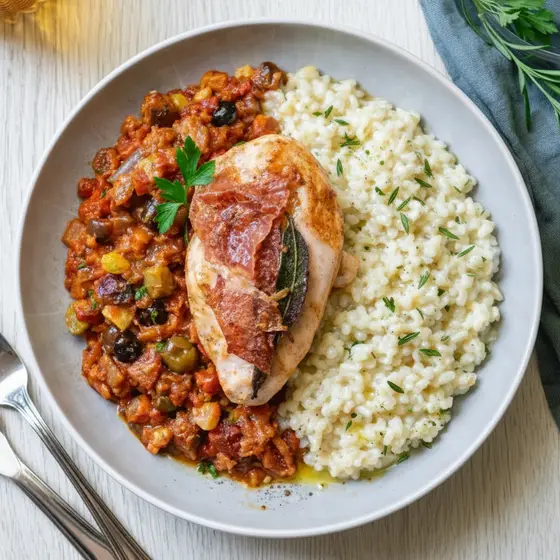 Chicken Saltimbocca with rosemary risotto