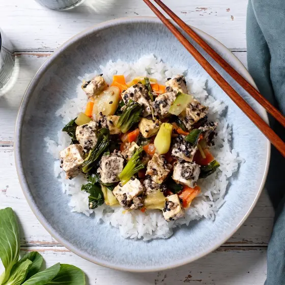 Sesame tofu with pak choi